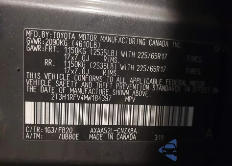 2021 Toyota Rav4 Le z USA, uszkodzony, nr VIN 2T3H1RFV4MW184397